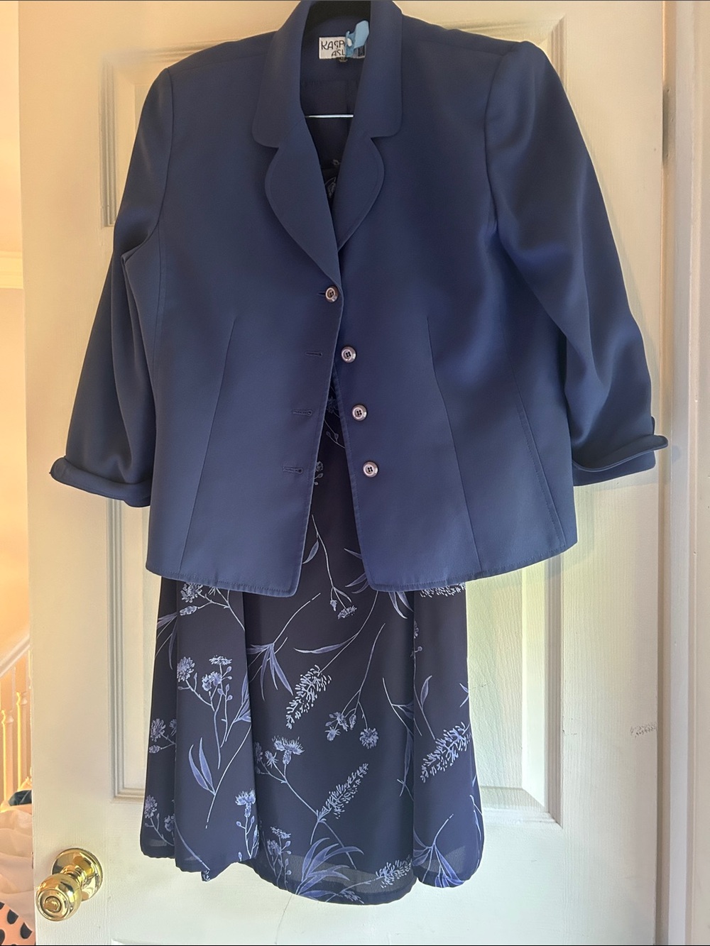 Kasper Navy Floral Midi Skirt with Matching Navy Jacket